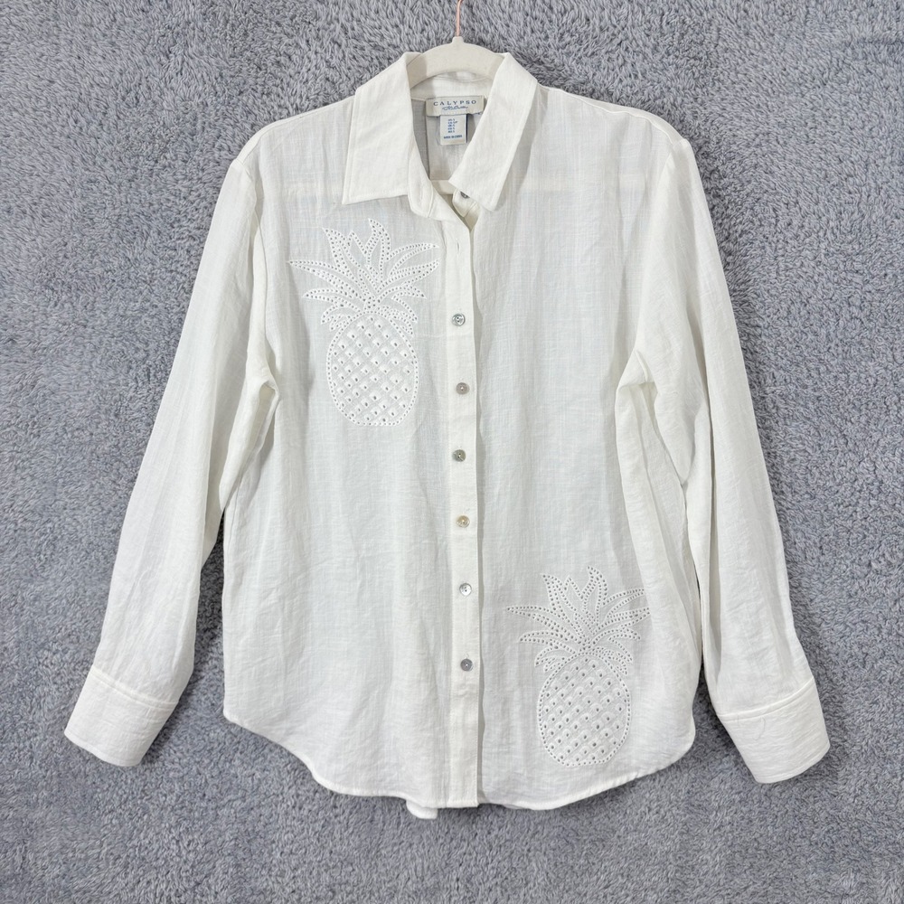 Calypso St Barth White Pineapple Eyelet Embroidered Button Down Shirt Womens S